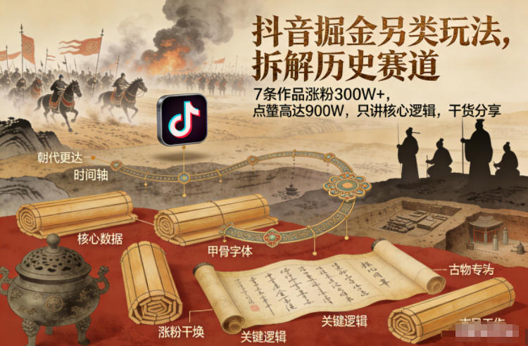 （26.1.12）抖音掘金另类玩法，拆解历史赛道，7条作品涨粉300W+，点赞量高达900W，只讲核心逻辑，干货分享